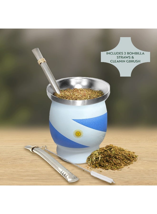 Norte Group Norte Yerba Mate Cup Set - Stainless Steel Blue & White Insulated 8 oz Cup/Gourd with 2 Bombillas & Cleaning Brush - Traditional Yerba Mate Kit for Tea Drinkers, Travel & Everyday Use - Image 2